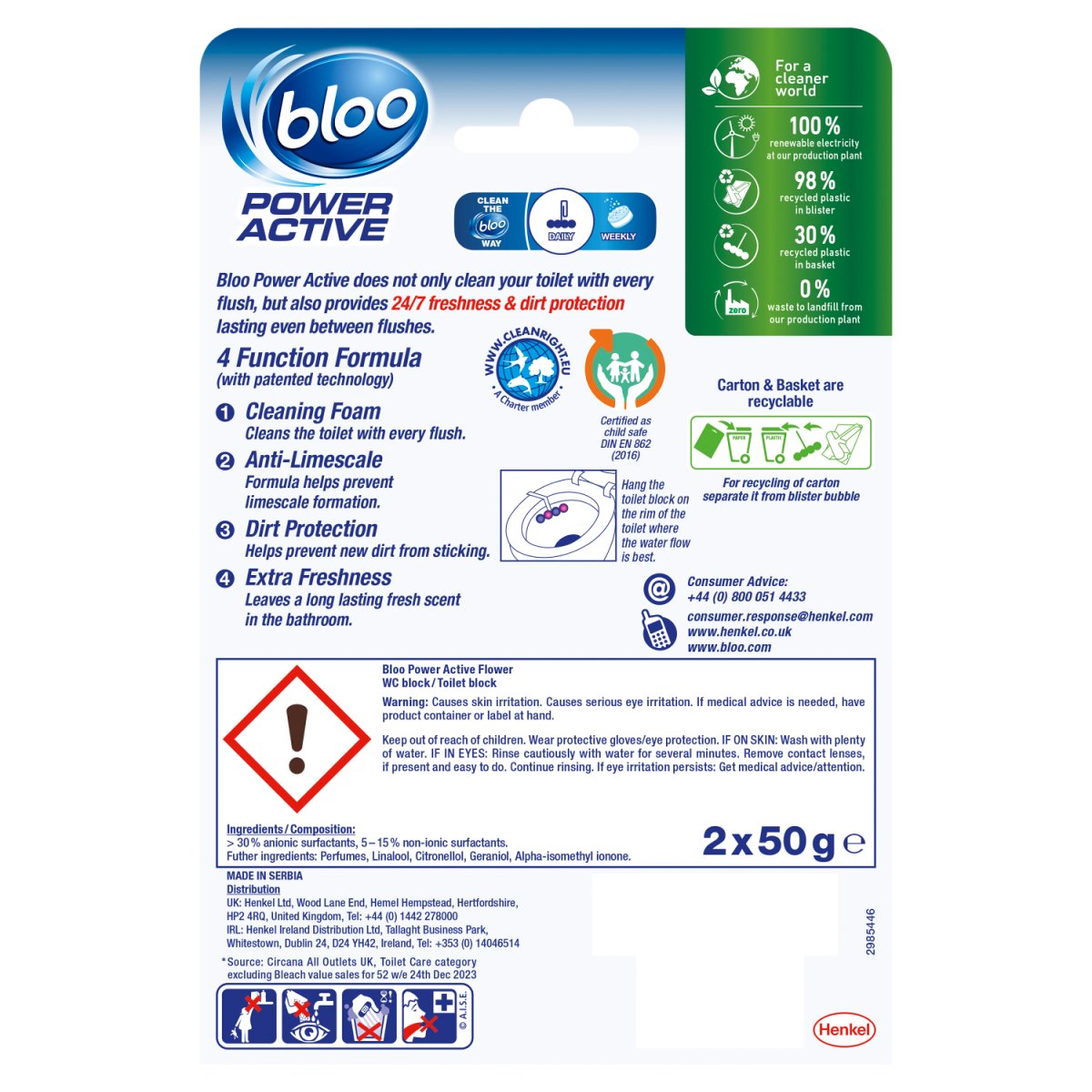 Bloo Power Active Flowers Twin Toilet Rim Block 2x50g - Intamarque - Wholesale 5000325048881