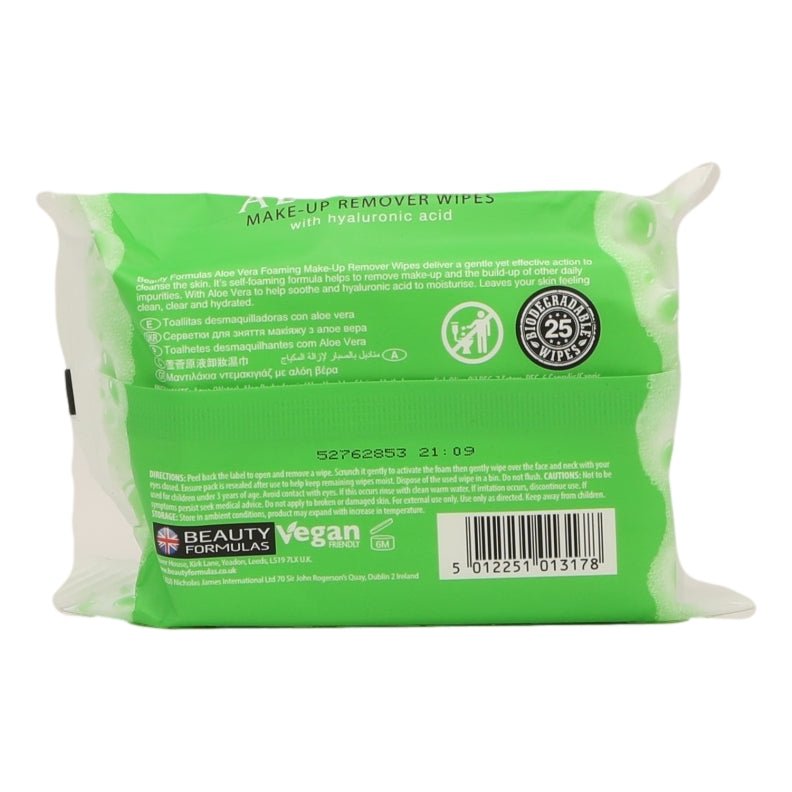 Beauty Formulas Foaming Make-Up Remover Wipes 25's Aloe Vera - Intamarque - Wholesale 5012251013178